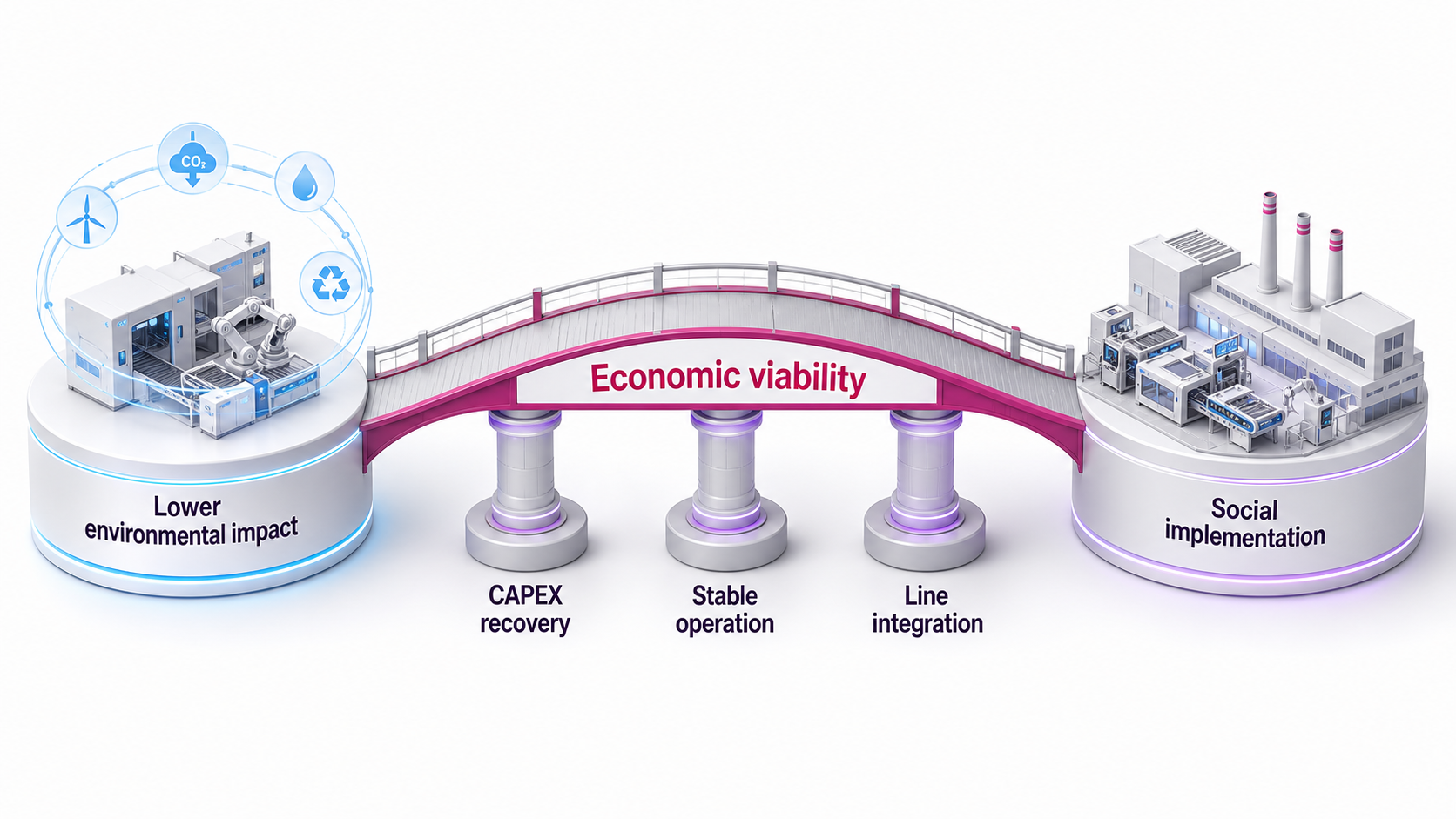 Bridge diagram showing economic viability connecting lower environmental impact to social implementation